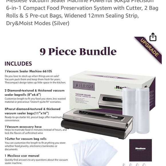 Mesliese Vacuum Sealer Machine Powerful 90Kpa Precision 6-in-1 - Picture 6 of 6